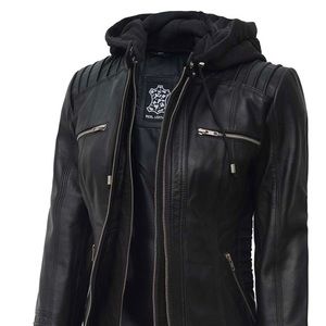 FLASH SALE!! Black Moto Leather Jacket With Removable Hood